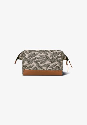 Gevoerde cosmetica tas met een roomkleurige achtergrond, zwart loofpatroon en een gestructureerde leren basis in bruin. Inclusief dubbele leren ritslussen.
