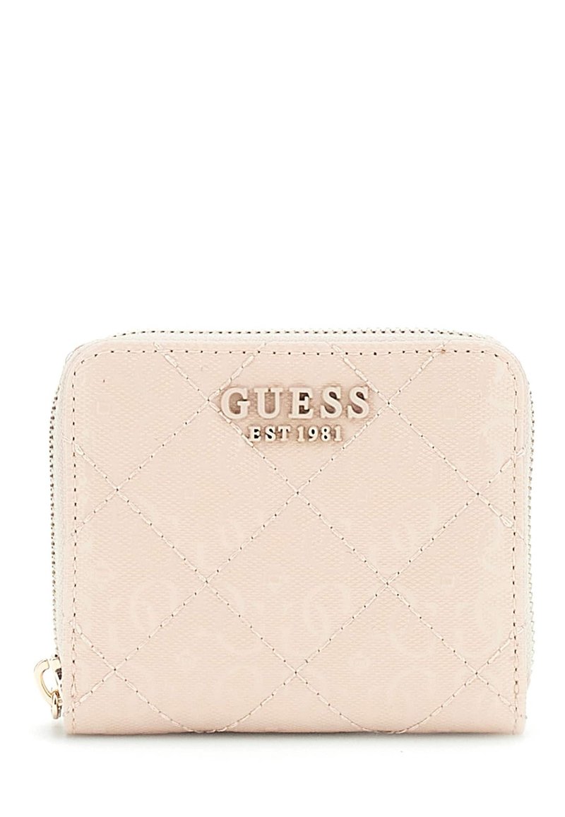 Pink quilted faux leather wallet featuring embossed logo, zip closure, and gold-tone hardware accents. Compact square design with textured surface.