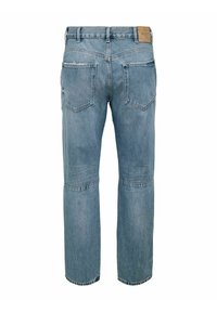 Lyseblå denim jeans med lige ben, der har to baglommer og et lædermærke i taljen. Let falmet tekstur.
