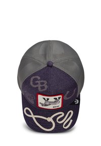 Purple denim baseball cap with gray mesh back, featuring a patch with a photo and "BEAT," plus white embroidered accents and logos.