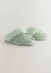 Light green suede slippers with a plush, fluffy fur strap and contrasting white stitching. Soft texture and rounded shape enhance comfort.