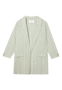 Hellgrüner Blazer mit weißen vertikalen Streifen, oversized Schnitt, Reverskragen, zwei vordere Taschen und geknöpften Ärmeln. Strukturierter Stoff.