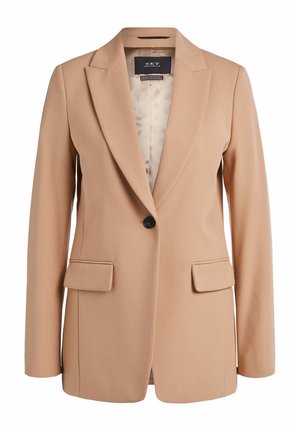 Beiger Ein-Knopf-Blazer mit zwei vorderen Pattentaschen, Kerbkragen und einem glatten Innenfutter.