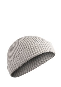 Gray knit beanie hat with ribbed texture and rolled cuff. Made of soft fabric, suitable for casual wear in cooler weather.