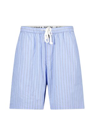 Helle blaue Herren-Shorts mit vertikalen weißen und marineblauen Streifen, elastischem Bund und weißem Kordelzug vorne.
