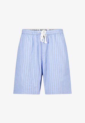 Lichtblauwe heren shorts met verticale witte en marineblauwe strepen, elastische tailleband en witte koordsluiting aan de voorkant.