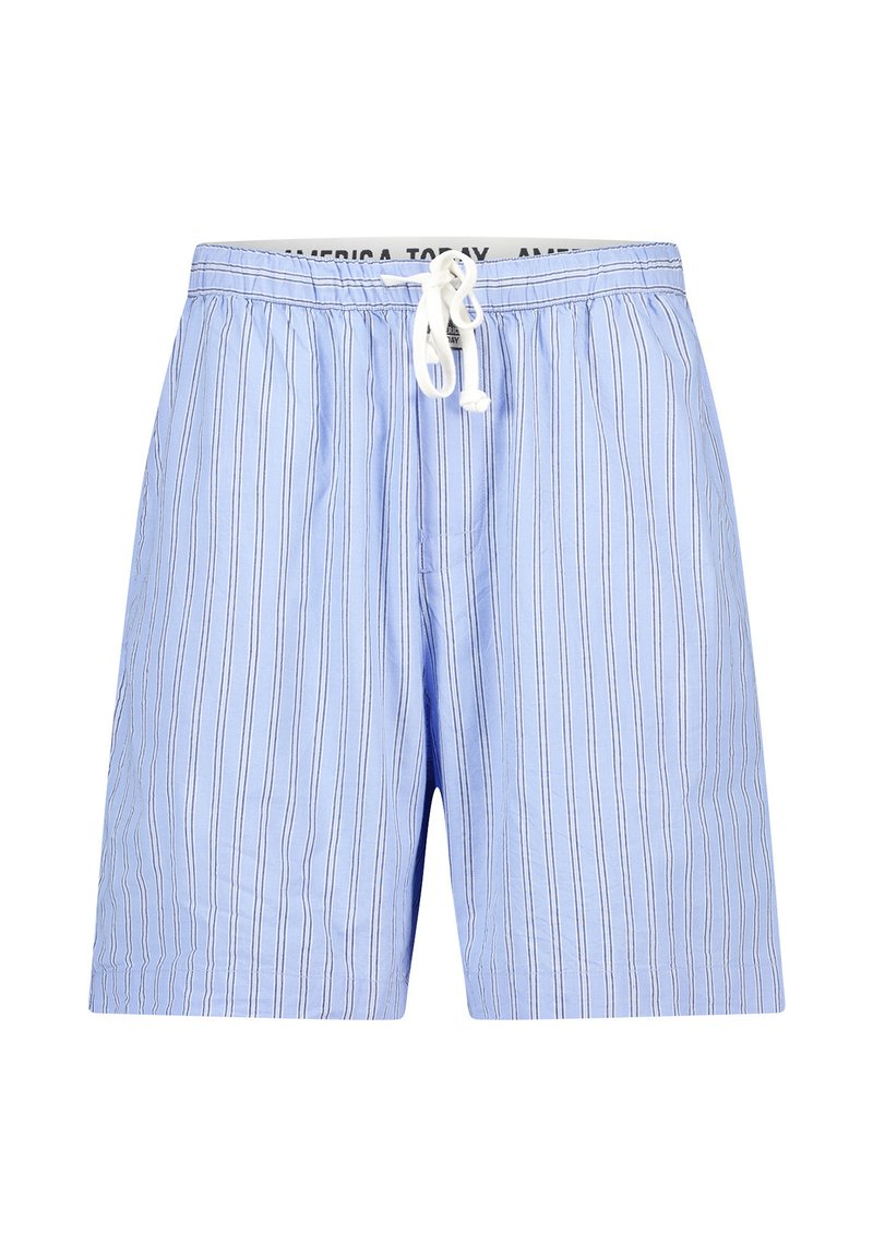 Vaaleansinisiä miesten shortsit, joissa on pystyvalkoisia ja laivastonsinisia raitoja, joustava vyötärö, sekä valkoinen naru edessä.