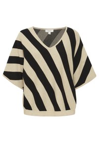 Beżowy sweter z dekoltem w serek z wyraźnymi czarnymi paskami. Luźny krój z krótkimi rękawami. Miękka tekstura, dzianina oraz asymetryczny dół.