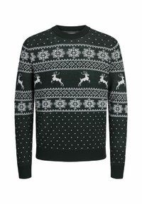 Pull de Noël vert foncé avec des motifs tricotés blancs de rennes, flocons de neige et petits points sur les manches et le corps.