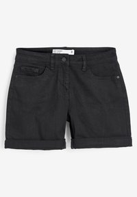 Shorts en denim noir avec une taille mi-haute, des ourlets roulés et des poches avant. Présente une fermeture à bouton et des coutures visibles. Étiquette de taille incluse.