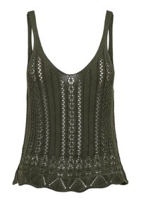 Olive green knitted tank top featuring a deep V-neck, thick straps, and an open lattice design with a scalloped hem.