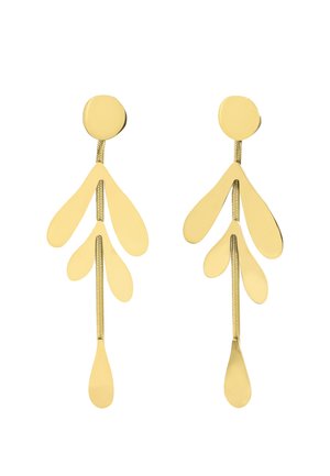 Orecchini in tono dorato con un design a foglia caratterizzato da punte arrotondate e dettagli allungati a forma di goccia. Superficie liscia con finitura lucida.