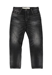 Schwarze, ausgebleichte Jeans mit Abnutzungsfalten, fünf Taschen und einem Knopfverschluss, flach auf einem weißen Hintergrund ausgelegt.