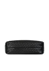 Black rectangular woven leather clutch bag viewed from the bottom on white background.