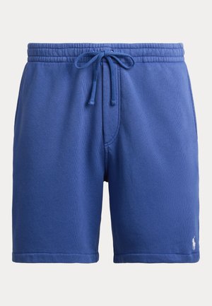Shorts en coton bleu à cordon de serrage avec taille élastique et petit logo blanc brodé sur la jambe inférieure gauche.