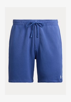 Blue cotton drawstring shorts with elastic waistband and small white embroidered logo on the lower left leg.