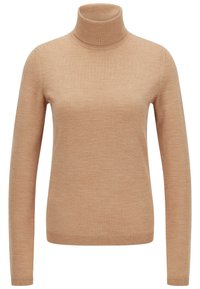 Suéter de cuello alto beige fabricado en un tejido de punto suave y fino. Presenta mangas largas y un dobladillo acanalado, con una silueta ajustada.