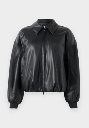 Veste bomber en cuir noir avec fermeture éclair à l'avant, large col et manches bouffantes. Présente des détails de poignets côtelés et une texture lisse et brillante.