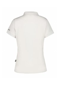 Hvid bomulds polo t-shirt, korte ærmer, klassisk krave, mærk detalje på kanten, glat tekstur, ren og minimalistisk design på ryggen.