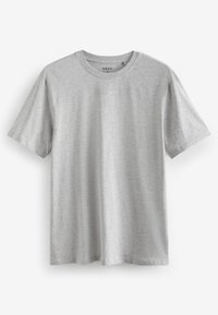 Light gray short-sleeved T-shirt made from soft fabric with a round neckline and a relaxed fit, featuring minimal seams and no patterns.