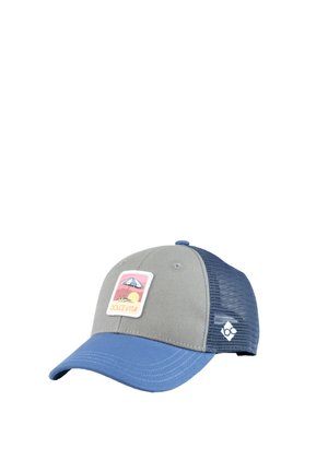 Baseballcap mit blauem Schirm und Netzrückseite, grauer Vorderseite und einem Aufnäher mit einem Regenschirm, Sonnenuntergang und dem Text "DOLCE VITA".