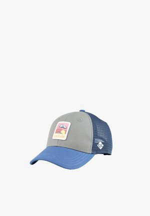 Baseball cap with blue brim and mesh back, gray front panel, and patch showing umbrella, sunset, and "DOLCE VITA" text.