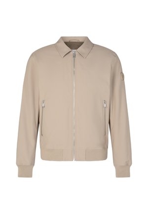 Beige Bomberjacke mit Reißverschluss vorne, zwei Seitentaschen, gerippten Bündchen und Saum sowie einem glatten, leichten Stoff. Mit einem Logo-Akzent.
