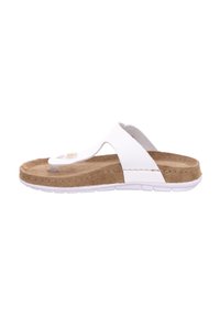 White sandal with a cork footbed, adjustable strap with a gold accent, rubber outsole, and a contoured shape for comfort.
