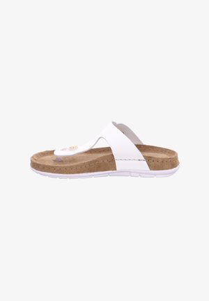 White sandal with a cork footbed, adjustable strap with a gold accent, rubber outsole, and a contoured shape for comfort.