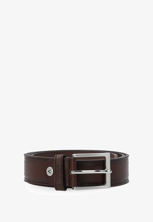 Brun læderbælte med sølvfarvet rektangulært spænde, syninger langs kanterne og præget mærkenavn "VIZENA" på bælteslangen.