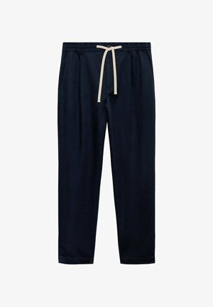 Navy blue pants made of lightweight fabric, featuring an elastic waistband, a cream drawstring, and side pockets for functionality.