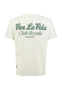 T-shirt en coton crème avec un texte vert au dos qui dit "Vive La Vida Club Royale Worldwide", manches courtes et coupe décontractée.
