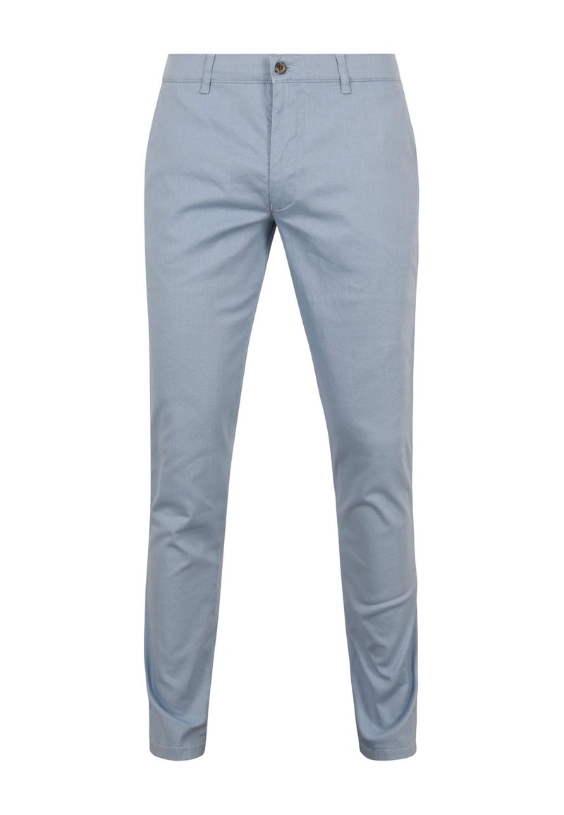 Helle blaue Chinos aus Baumwolle mit schlankem Schnitt, ausgestattet mit einem Knopfverschluss und Fronttaschen. Glatte Textur mit minimaler Details.