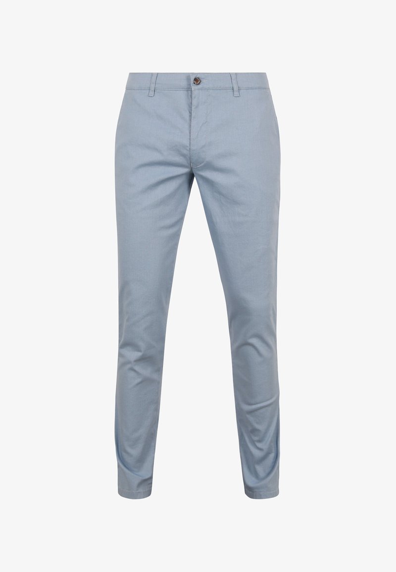 Lichtblauwe chino's van katoen met een slim fit, voorzien van een knoopsluiting en voortassen. Een gladde textuur met minimale details.