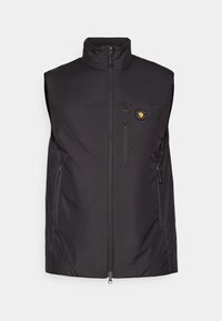 Black sleeveless vest with a high collar, zip front, and dual side pockets, featuring a circular logo on the left chest. Smooth texture.