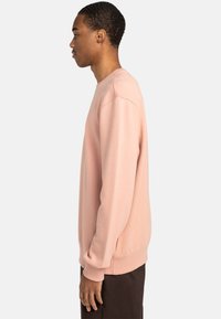 Light pink sweatshirt with long sleeves, ribbed cuffs, and crew neckline. Worn over dark brown pants, smooth texture, casual fit.