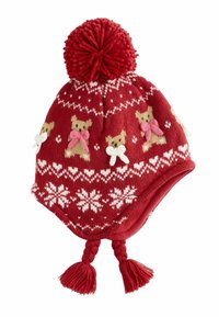 Red knitted hat with a large pompom, featuring bear designs with pink bows, white snowflakes, and braided tassels at the sides.