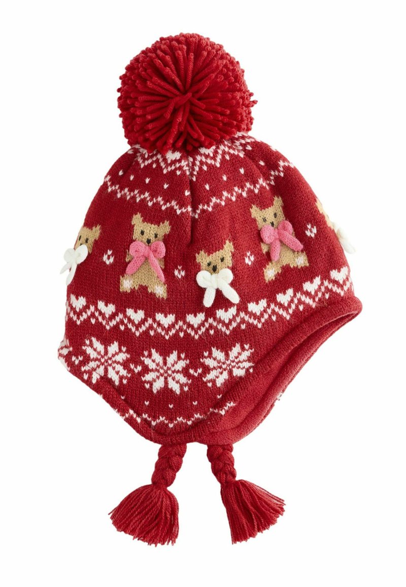 Red knitted hat with a large pompom, featuring bear designs with pink bows, white snowflakes, and braided tassels at the sides.