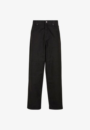 Black wide-leg cotton trousers with a smooth texture, featuring two front pockets, a button closure, and a straight cut.