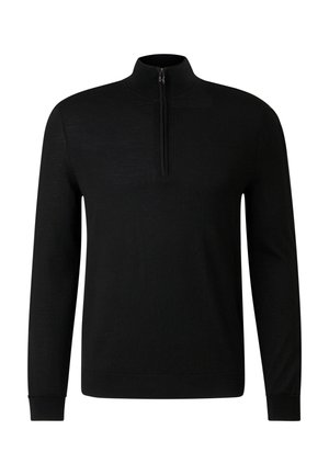 Sort langærmet pullover med halv lynlås ved halsen. Blød tekstur med en tætsiddende pasform og ribbet manchetter. Minimalistisk stil uden yderligere mønstre.