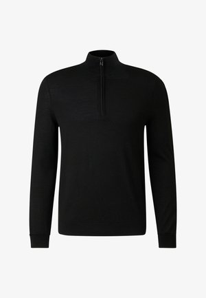 Czarny, długi sweter z półzamkiem przy szyi. Miękka tekstura, dopasowany design i ściągacze przy rękawach. Minimalistyczny styl, bez dodatkowych wzorów.