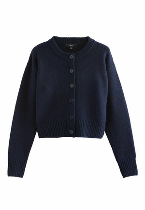 Cardigan a maglia di un blu navy scuro con maniche lunghe, scollo rotondo, polsini e orlo a costine, e sei bottoni frontali.
