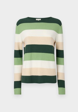 Randig tröja med långa ärmar. Färgerna inkluderar mörkgrön, ljusgrön, krämvit och beige. Tillverkad av ett mjukt stickat material. Rundhalsad.