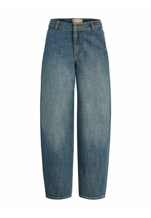 Plave traperice širokih nogavica s srednjim strukom, pričvršćene gumbom i patentnim zatvaračem, sa suptilnim izblijedjelim detaljima.