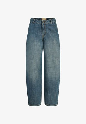 Plave traperice širokih nogavica s srednjim strukom, pričvršćene gumbom i patentnim zatvaračem, sa suptilnim izblijedjelim detaljima.