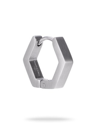 Sechseckiger Edelstahl-Hardwareverbinder mit gebürsteter Oberfläche, der eine kreisförmige Öffnung und ein nahtloses Design aufweist.