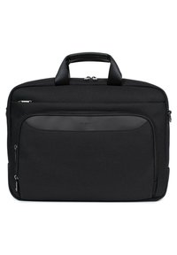 Zwarte stoffen laptoptas met twee handvatten aan de bovenkant, een voorvak met rits en een glad voorpaneel. Beschikt over een strakke vormgeving en duurzaam materiaal.