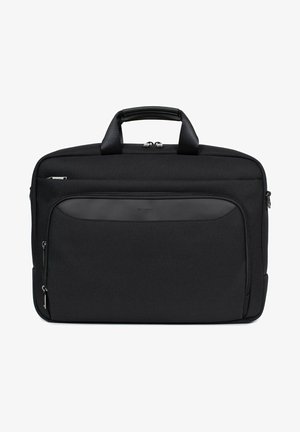 Zwarte stoffen laptoptas met twee handvatten aan de bovenkant, een voorvak met rits en een glad voorpaneel. Beschikt over een strakke vormgeving en duurzaam materiaal.