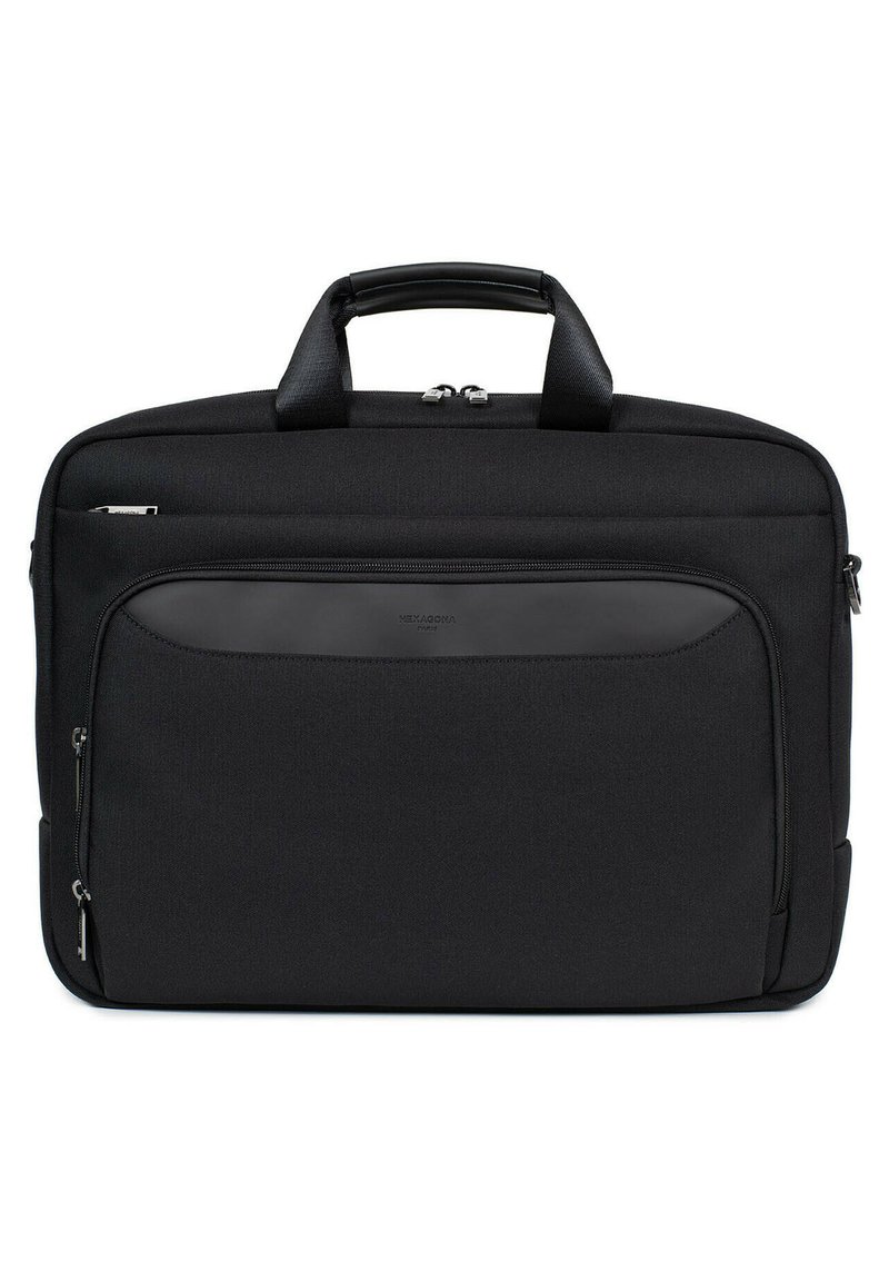 Zwarte stoffen laptoptas met twee handvatten aan de bovenkant, een voorvak met rits en een glad voorpaneel. Beschikt over een strakke vormgeving en duurzaam materiaal.