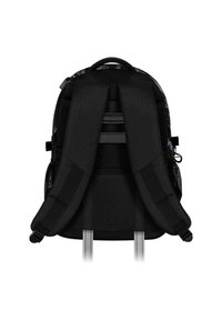 Sac à dos noir avec des sangles rembourrées, un dos en maille, un design ergonomique, un matériel lisse et un motif moderne en haut. Sangle de poitrine adjustable incluse.